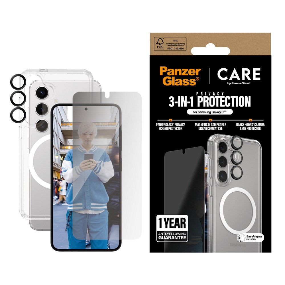 CARE by PanzerGlass Samsung Galaxy S25 3-i-1 FLAGSHIP Bundle - Deksel / Privacy Skjermbeskyttelse (UWF) / Kamerabeskyttelse - Gjennomsiktig / Hvit
