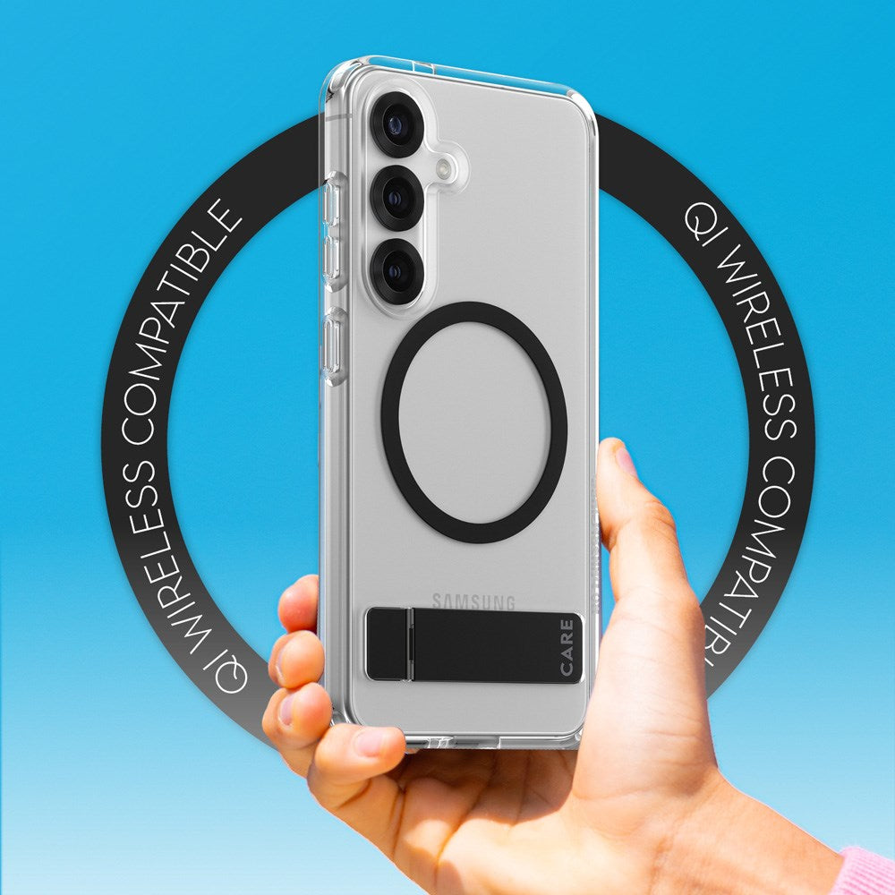CARE by PanzerGlass Samsung Galaxy S25 Feature Kickstand Deksel - Qi Kompatibel - Transparent / Black