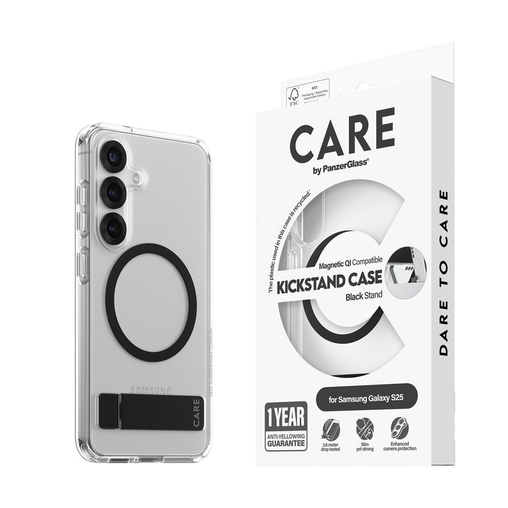 CARE by PanzerGlass Samsung Galaxy S25 Feature Kickstand Deksel - Qi Kompatibel - Transparent / Black