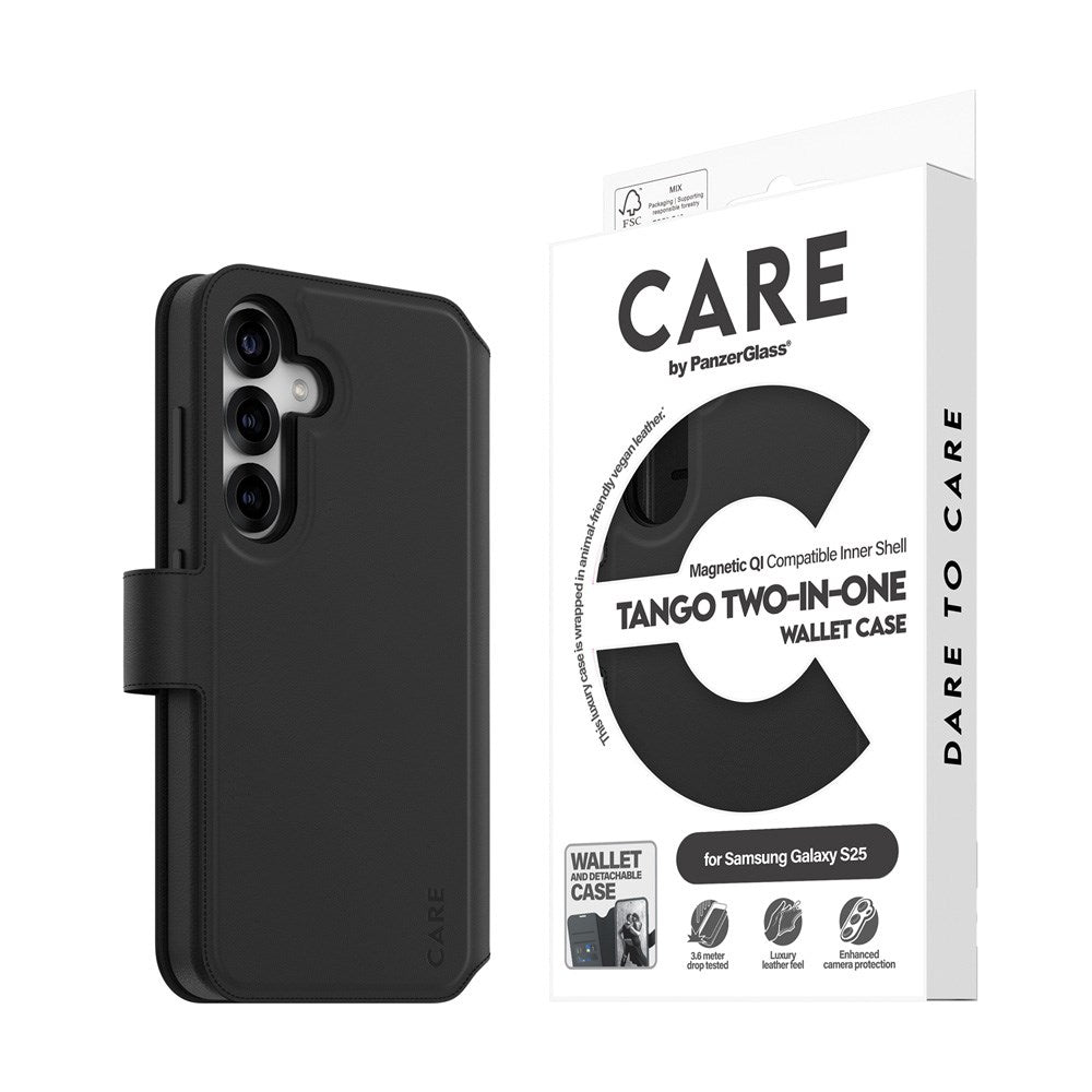 CARE by PanzerGlass Samsung Galaxy S25 Feature Tango 2-in-1 Deksel med Lommebok - Qi Kompatibel - Svart