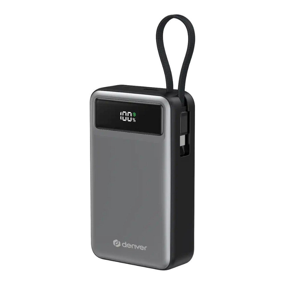 Denver PQCA-20650 65W PowerBank m. USB-A / USB-C / Innebygd USB-C Kabel - 20.000 mAh - Grå