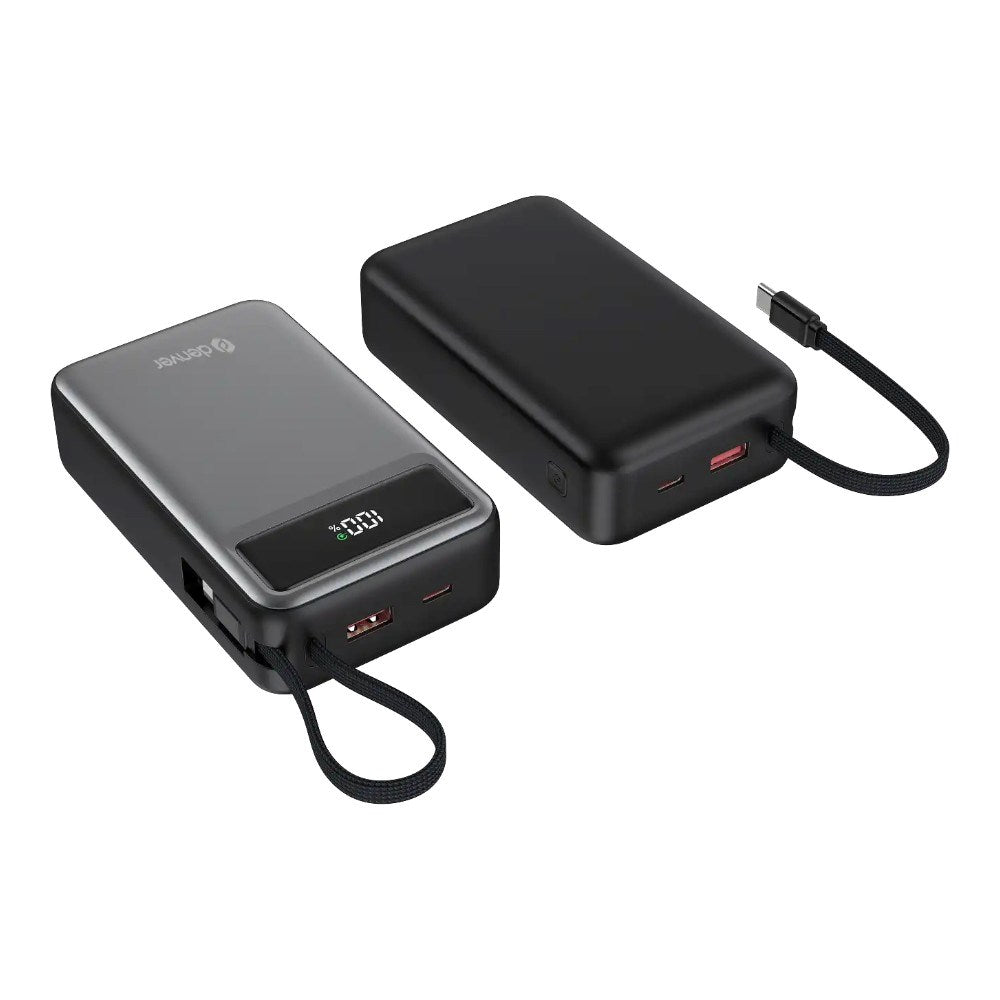 Denver PQCA-20650 65W PowerBank m. USB-A / USB-C / Innebygd USB-C Kabel - 20.000 mAh - Grå