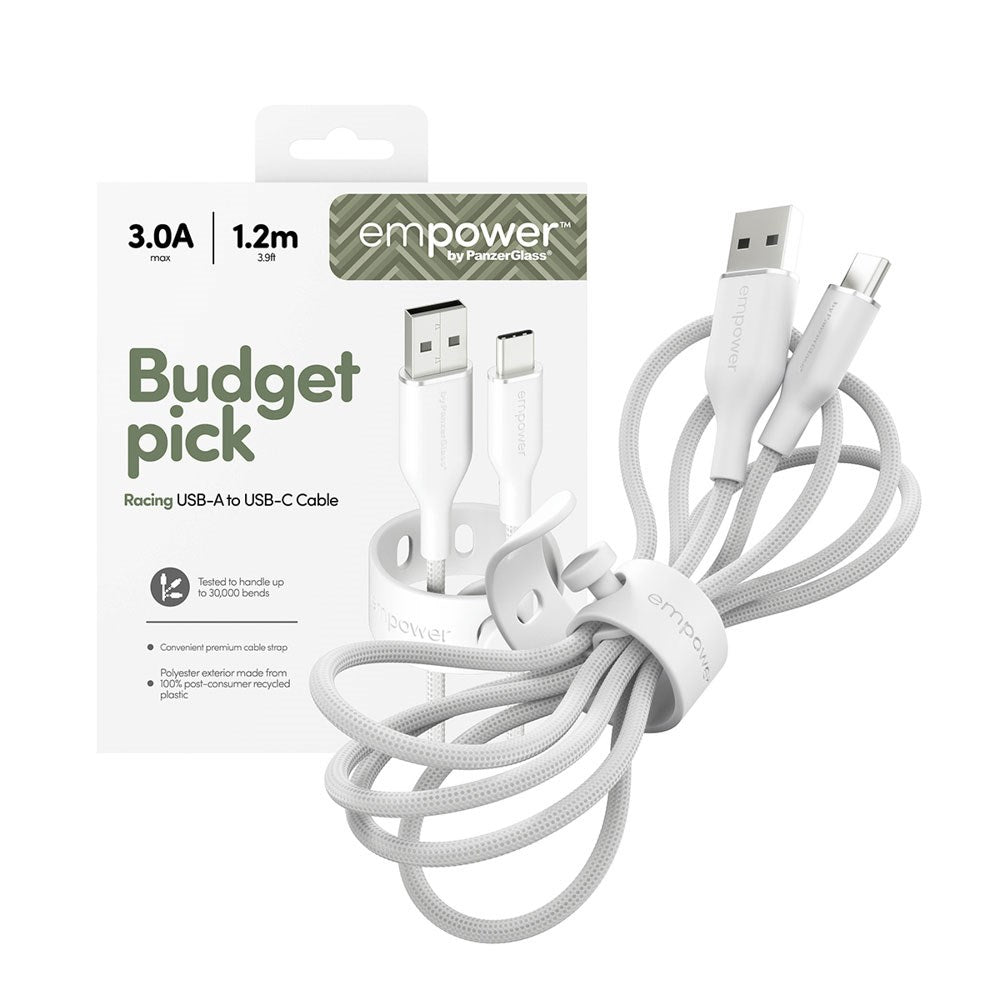 empower by PanzerGlass Racing 60W USB-A til USB-C Kabel – 1.2m – Silver White
