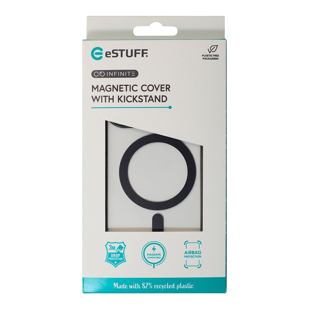 eSTUFF iPhone 16 Plus INFINITE HELSINKI Hybrid Plastdeksel med Stativ - MagSafe-Kompatibel - Svart / Gjennomsiktig