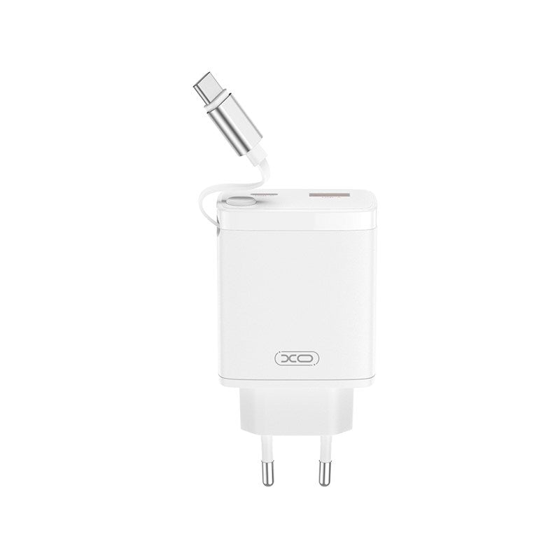 XO 30W Vegglader 1 x USB-C 1 x USB-A med Uttrekkbar USB-C-Kabel - Hvit