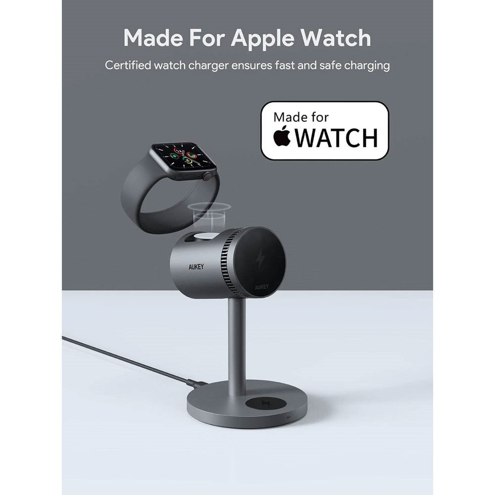 Aukey MagFusion 3-i-1 15W Trådløs Lader for Smarttelefon / Apple Watch / AirPods - MagSafe / Qi2 Kompatibel - Grå