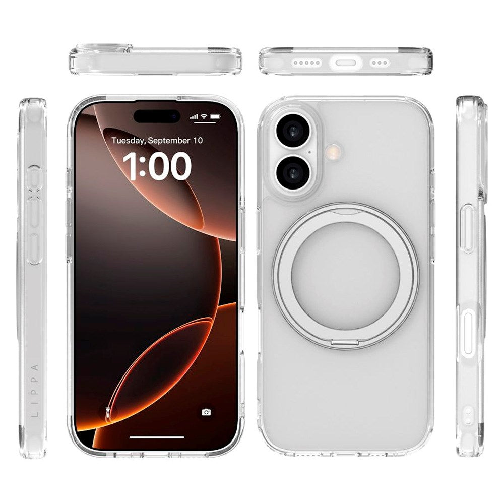 iPhone 17 Lippa Hybrid Plast Deksel m. 360 Roterende Kickstand - MagSafe Kompatibel - Gjennomsiktig / Sølv