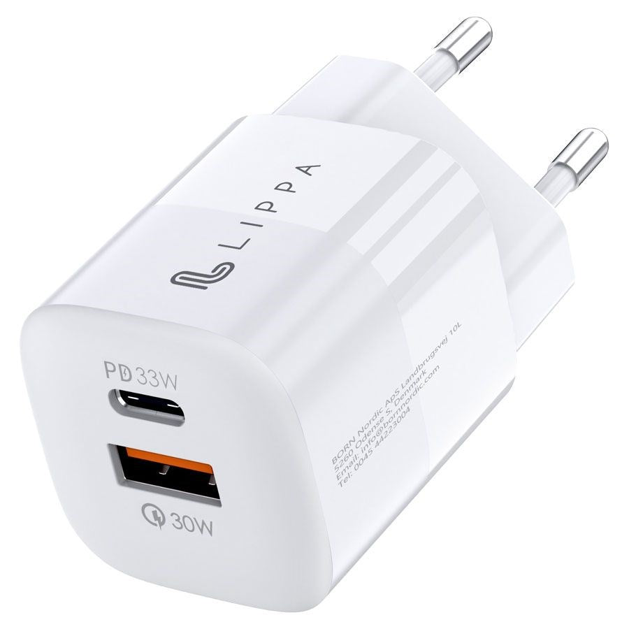Lippa GaN Vegglader 33W m. USB-C PD & USB-A QC - Hvit