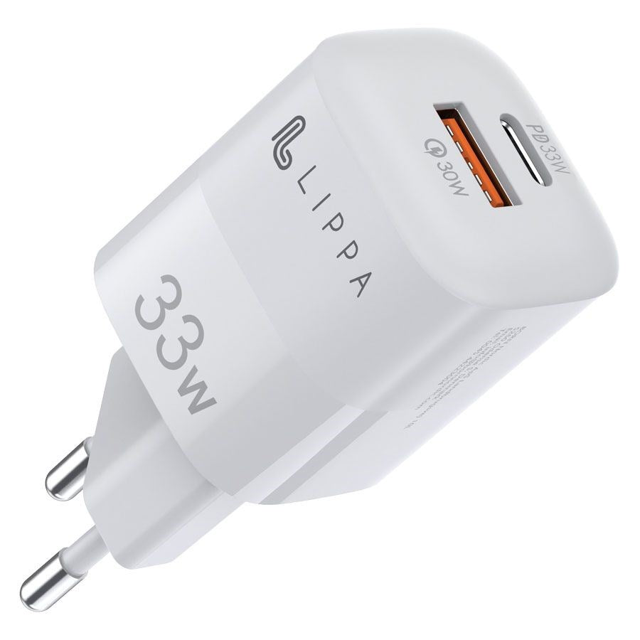 Lippa GaN Vegglader 33W m. USB-C PD & USB-A QC - Hvit