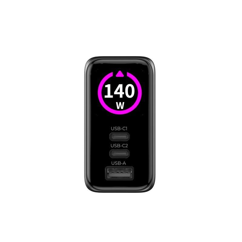 Display Vegglader Mobile Origin GaN 140 W med 2x USB-C + 1x USB-A - Svart