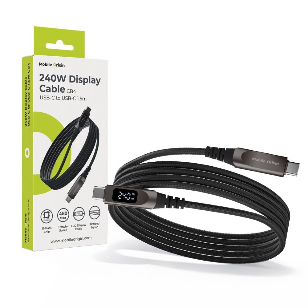 Mobile Origin 240W USB-C til USB-C Kabel med Skjerm - 1,5 m - Svart