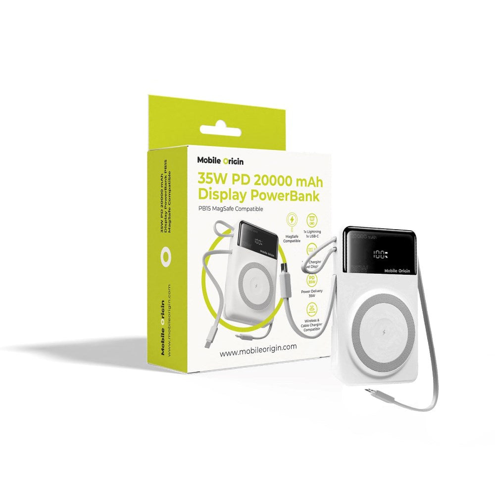 PowerBank Mobile Origin 35 W PD 20 000 mAh med Skjerm - MagSafe Kompatibel - Hvit
