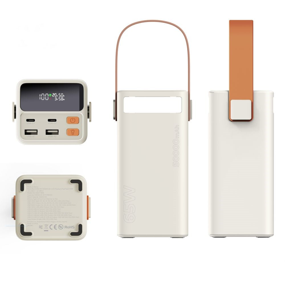 Mobile Origin 50 000 mAh Utendørs Powerbank med 65W - 2 x USB-C - 2 x USB-A - Lommelykt - Håndtak - Hvit