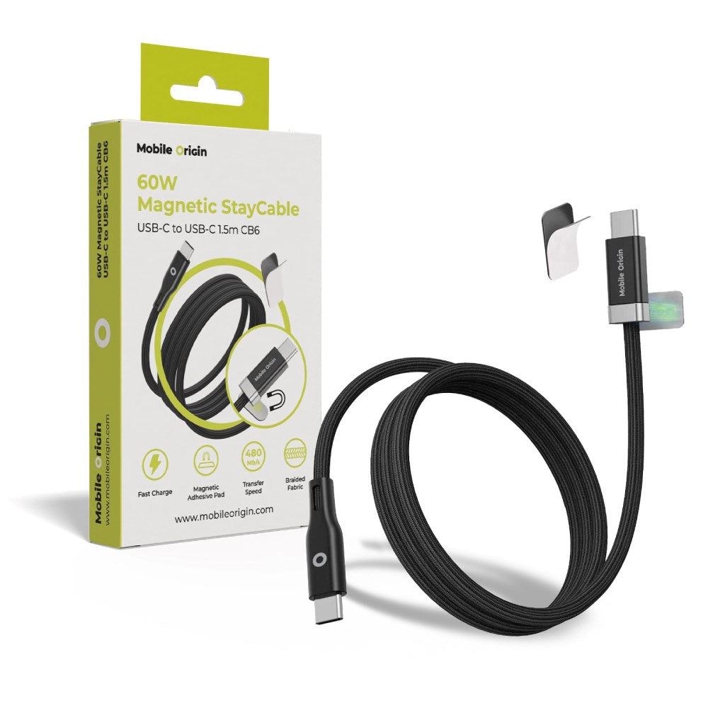 Magnetisk USB-C til USB-C -kabel fra Mobile Origin 60W med 2 Selvklebende Magnetiske Puter - 1,5 M - Svart