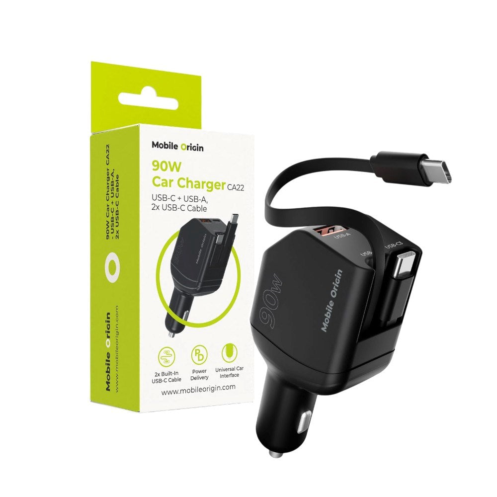 4-i-1 Billader 90W Mobile Origin med USB-C + USB-A og 2x Uttrekkbar USB-C-kabel – Svart