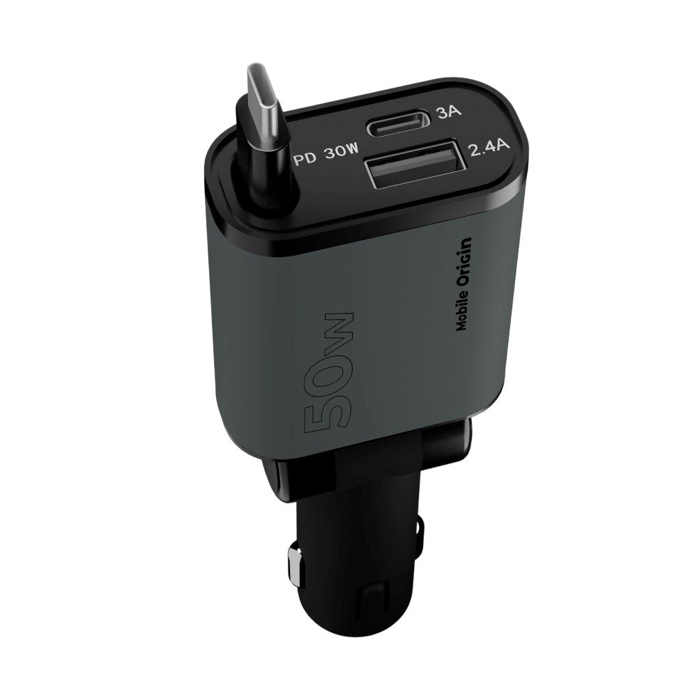 3-i-1 Billader 50W Mobile Origin med USB-C + USB-A og Uttrekkbar USB-C-kabel – Grå