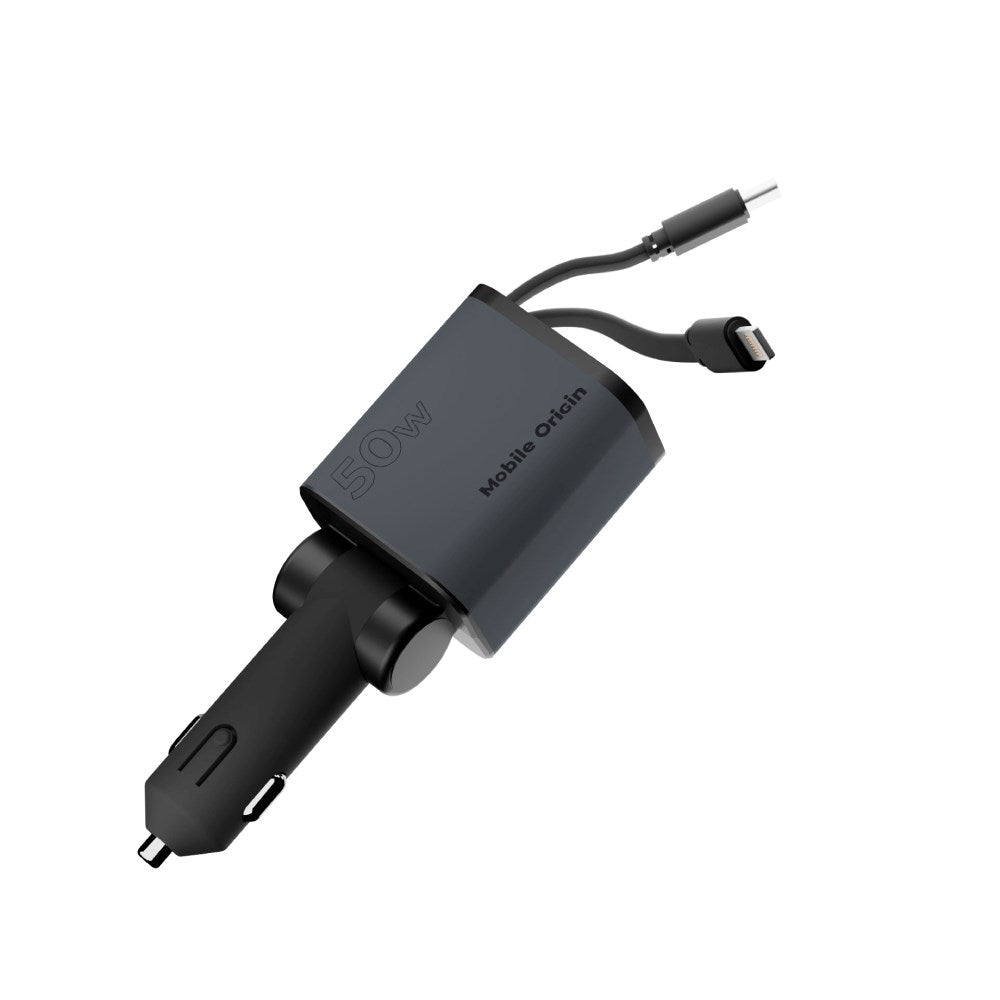 4-i-1 Bilopplader Mobile Origin 50 W med USB-C- og USB-A-port og Uttrekkbar USB-C- og Lightning-kabel - Grå