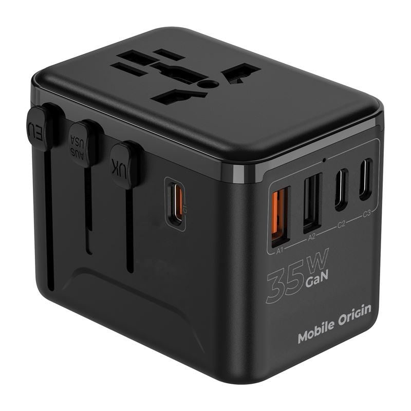 Reiseadapter Mobile Origin GaN 35W - EU / UK / USA / AUS - Svart