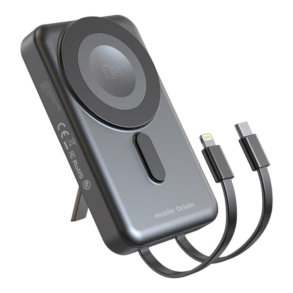 Magnetisk Powerbank 10000mAh Mobile Origin – USB-C og Lightning-kabel - Grå