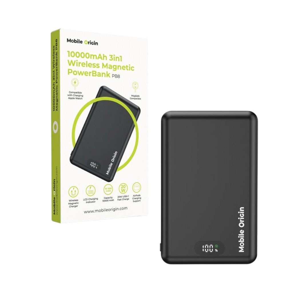 3-i-1 Powerbank 10000mAh Mobile Origin m. Trådløs lading – MagSafe-kompatibel – Svart