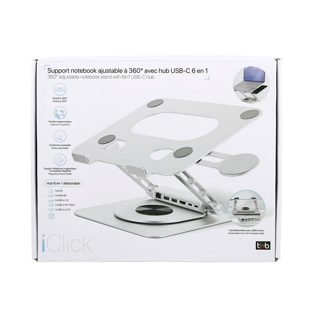 T'NB Roterbart Stativ til Bærbar PC med MagSafe Telefonholder og Avtakbar 6-i-1 Hub - Sølv