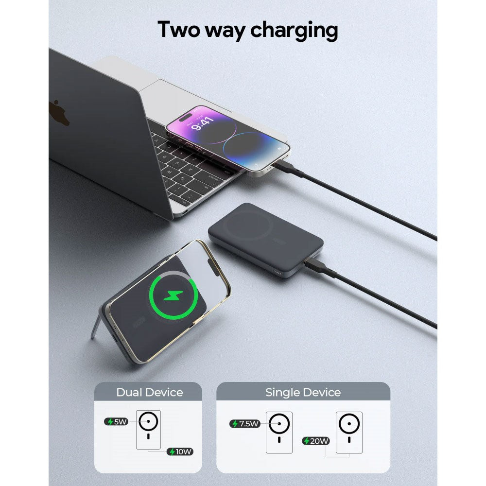 Aukey MagFusion 6 700 mAh Powerbank med Trådløs Lading & stativfunksjon - MagSafe / Qi2 Kompatibel - Svart