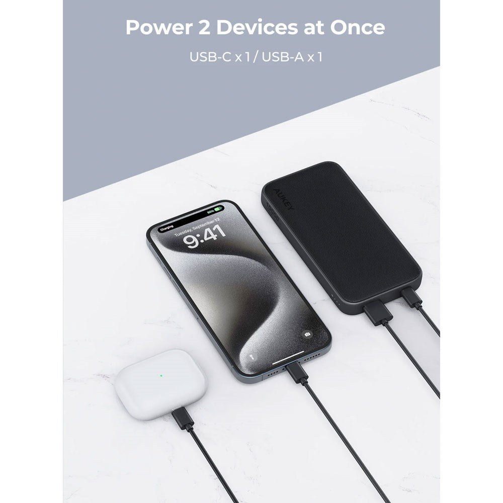 Aukey Sprint 10 000 mAh Powerbank med 15 W & 1 x USB-C & 1 x USB-A - Mørkegrå