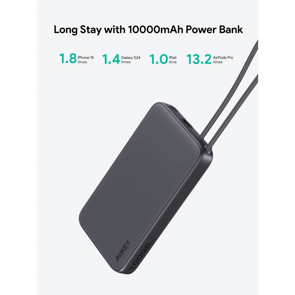 Aukey Spark Sling Powerbank med Innebygd USB-C-Kabel - 10 000 mAh - 20 W - 1 x USB-C - 1 x USB-A - Grå
