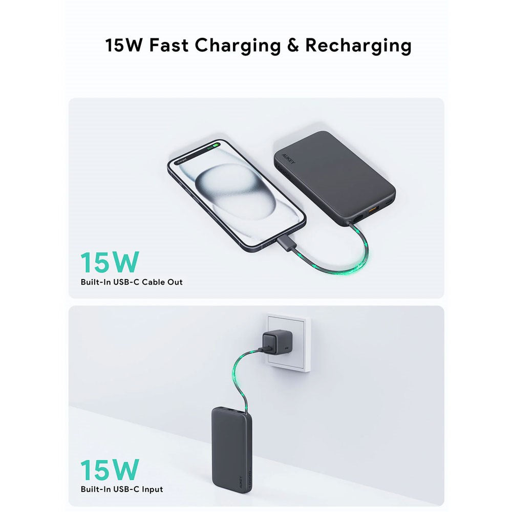 Aukey Spark Sling Powerbank med Innebygd USB-C-Kabel - 10 000 mAh - 20 W - 1 x USB-C - 1 x USB-A - Grå
