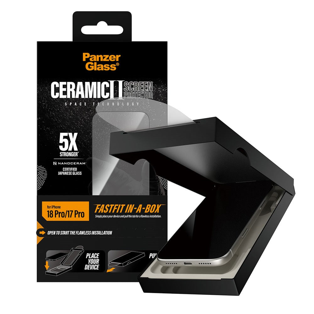 iPhone 18 Pro / 17 Pro PanzerGlass Ceramic Ultra-Wide Fit Skjermbeskyttelsesglass – FastFit In-A-Box – Gjennomsiktig