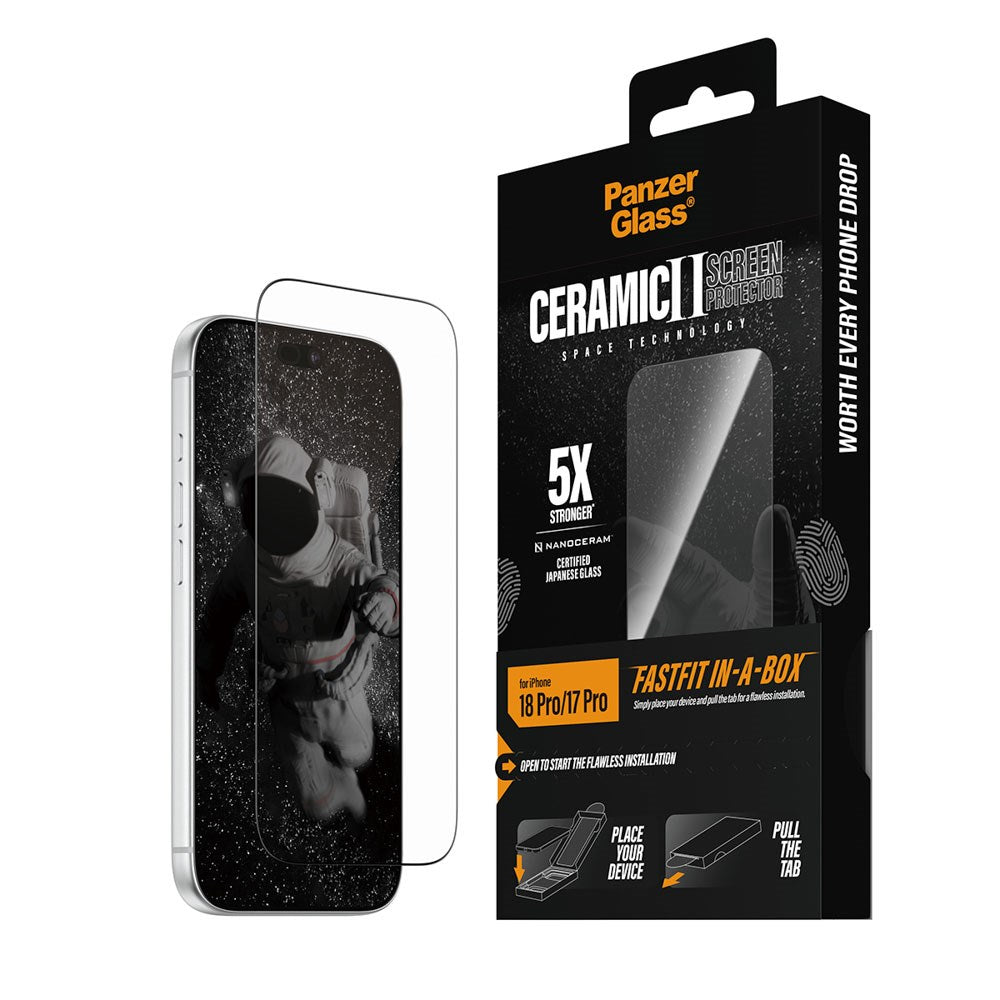 iPhone 18 Pro / 17 Pro PanzerGlass Ceramic Ultra-Wide Fit Skjermbeskyttelsesglass – FastFit In-A-Box – Gjennomsiktig