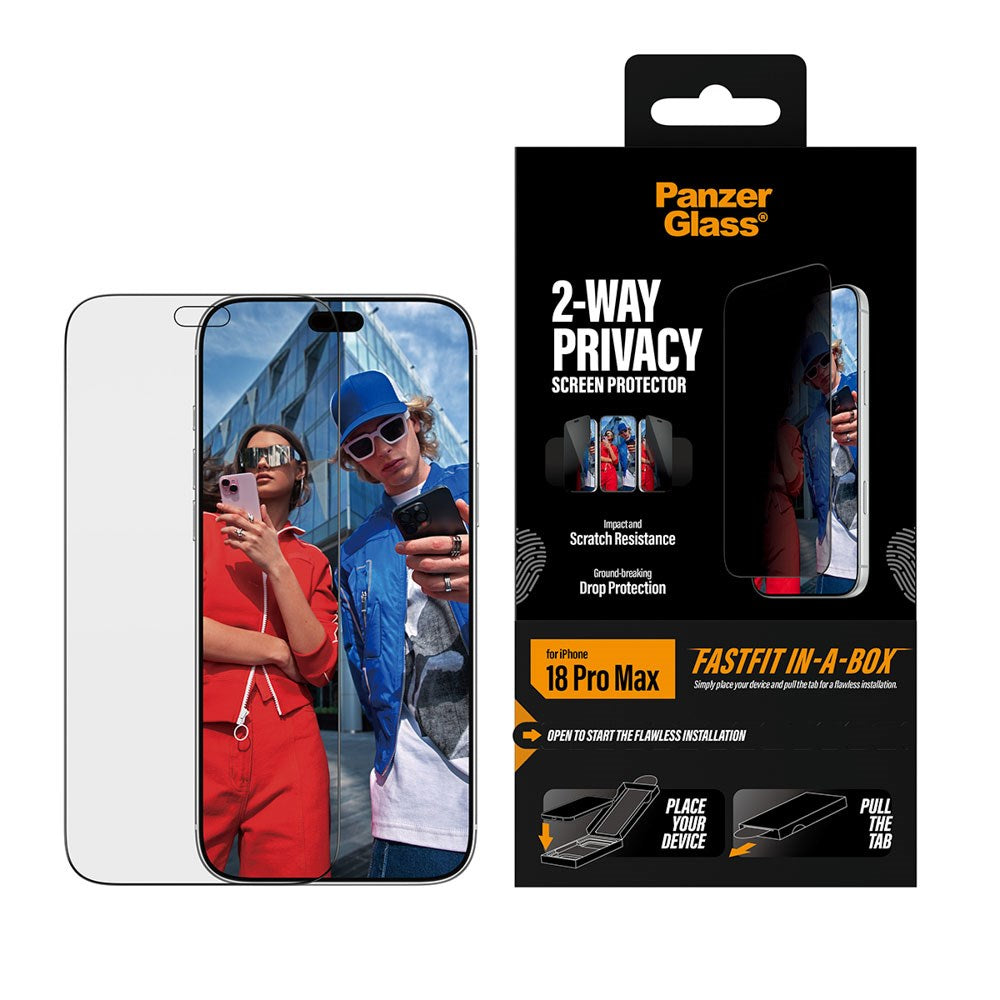 iPhone 18 Pro Max PanzerGlass Skjermbeskyttelsesglass - Ultra Wide Fit med EasyAligner - Privacy - Gjennomsiktig