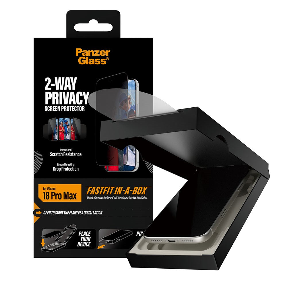 iPhone 18 Pro Max PanzerGlass Skjermbeskyttelsesglass - Ultra Wide Fit med EasyAligner - Privacy - Gjennomsiktig