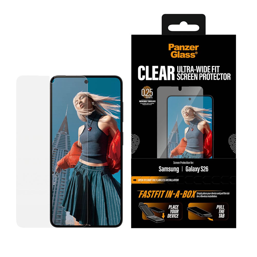 Samsung Galaxy S26 PanzerGlass Skjermbeskyttelsesglass m. FastFit In-A-Box - Ultra Wide Fit - Gjennomsiktig