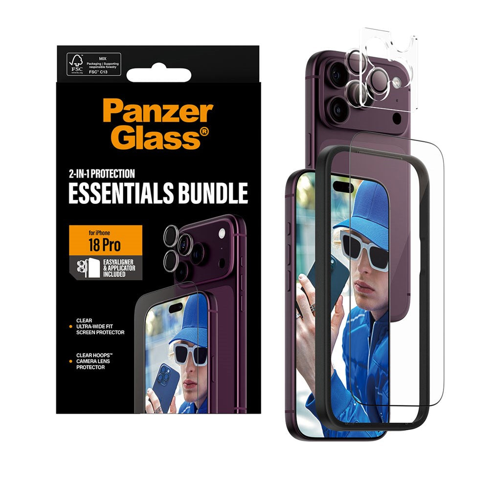 iPhone 18 Pro PanzerGlass Essentials 2-in-1 Bundle med EasyAligner / Skjermbeskyttelse (UWF) / Hoops Kamerabeskyttelse - Gjennomsiktig