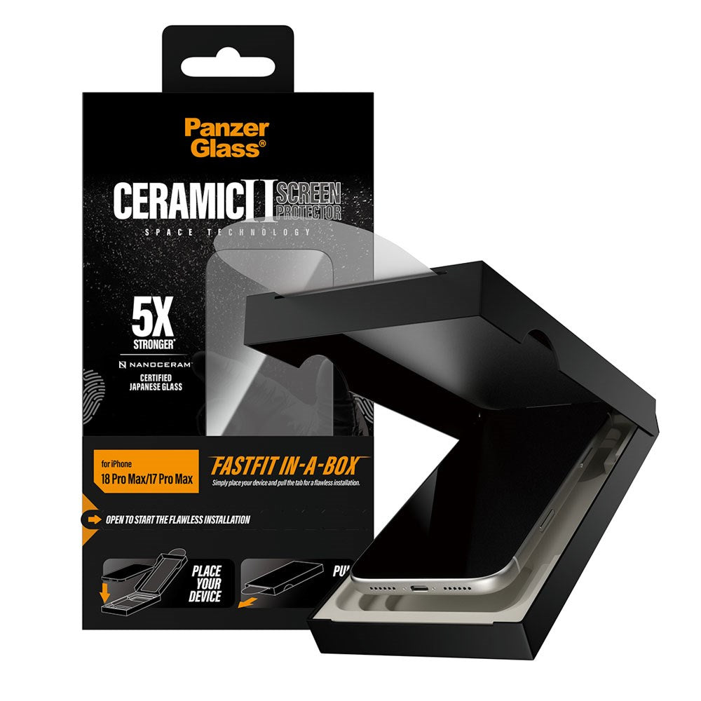 iPhone 18 Pro Max / 17 Pro Max PanzerGlass Ceramic Ultra-Wide Fit Skjermbeskyttelsesglass – FastFit In-A-Box – Gjennomsiktig