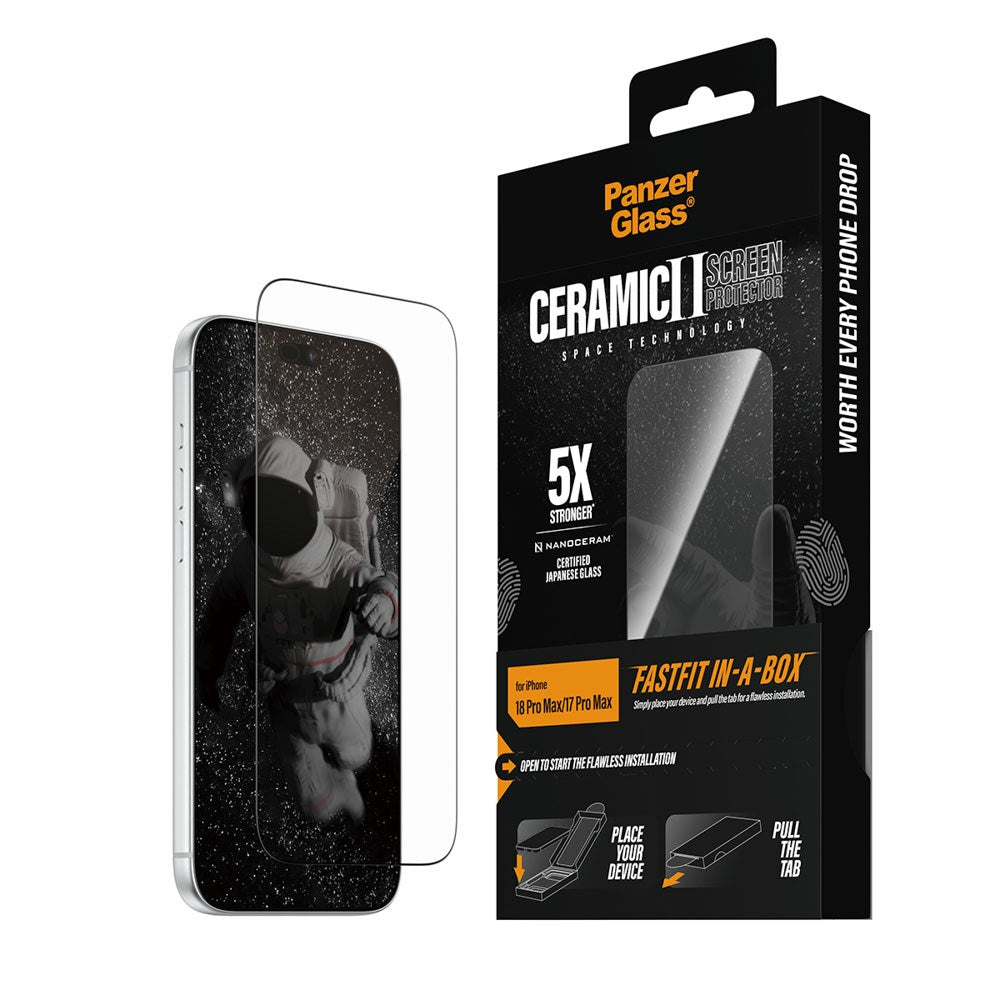 iPhone 18 Pro Max / 17 Pro Max PanzerGlass Ceramic Ultra-Wide Fit Skjermbeskyttelsesglass – FastFit In-A-Box – Gjennomsiktig