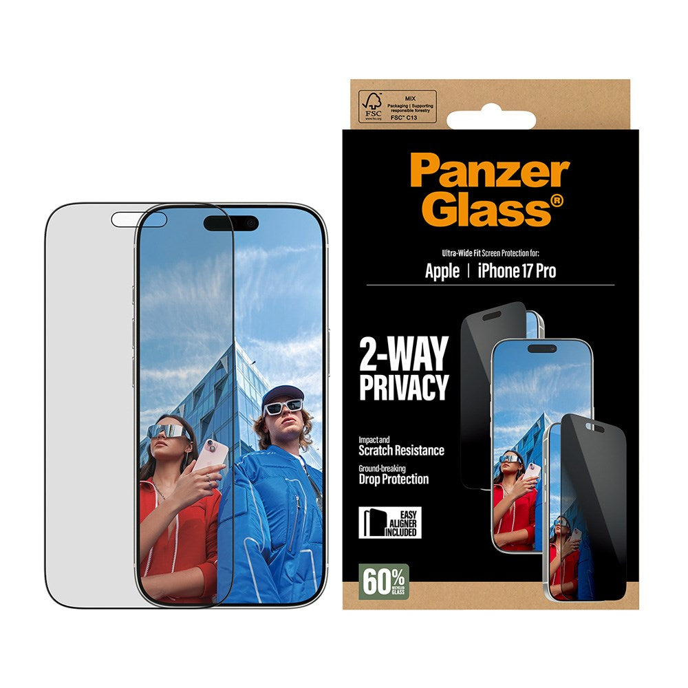 PanzerGlass iPhone 17 Pro 2-Way Privacy Skjermbeskyttelse - Ultra-Wide Fit - Gjennomsiktig