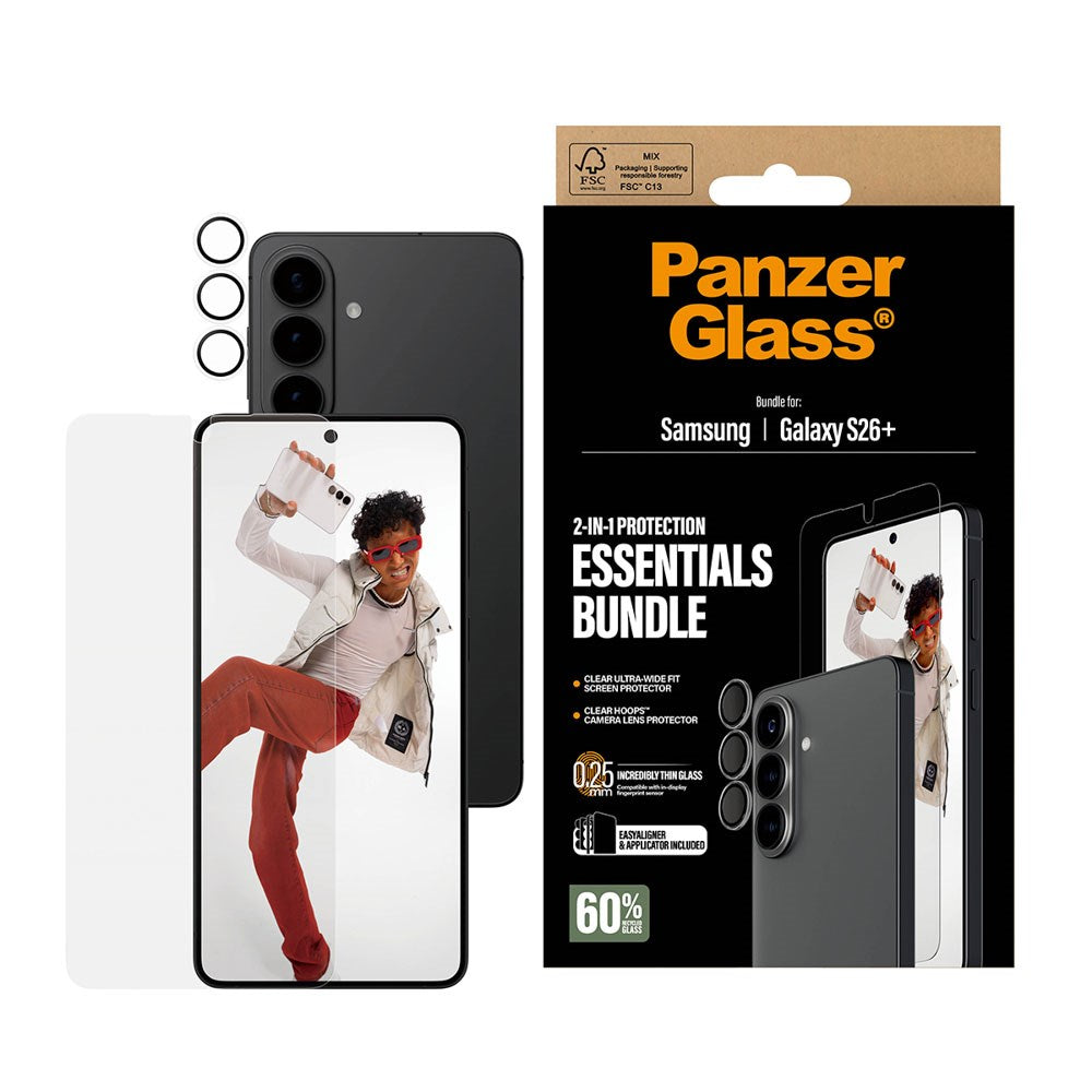 Samsung Galaxy S26+ (Plus) PanzerGlass Hoops 2-in-1 Bundle med EasyAligner / Skjermbeskyttelse (UWF) / Hoops Kamerabeskyttelse - Gjennomsiktig