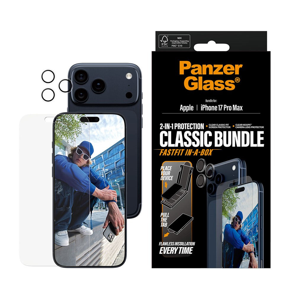 PanzerGlass iPhone 17 Pro Max 2-in-1 Classic Bundle - Skjermbeskytter + Kameralinsebeskytter - Gjennomsiktig