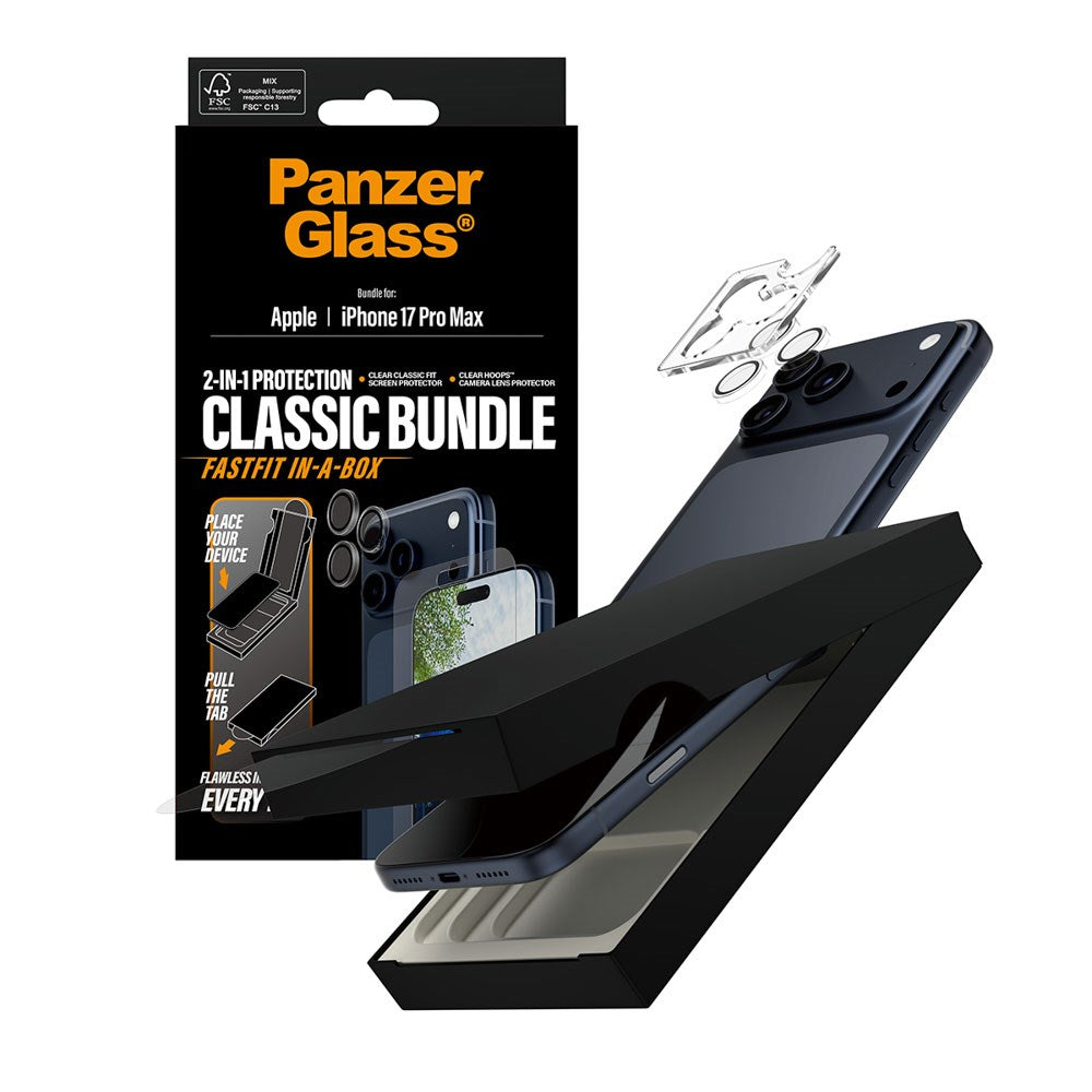 PanzerGlass iPhone 17 Pro Max 2-in-1 Classic Bundle - Skjermbeskytter + Kameralinsebeskytter - Gjennomsiktig