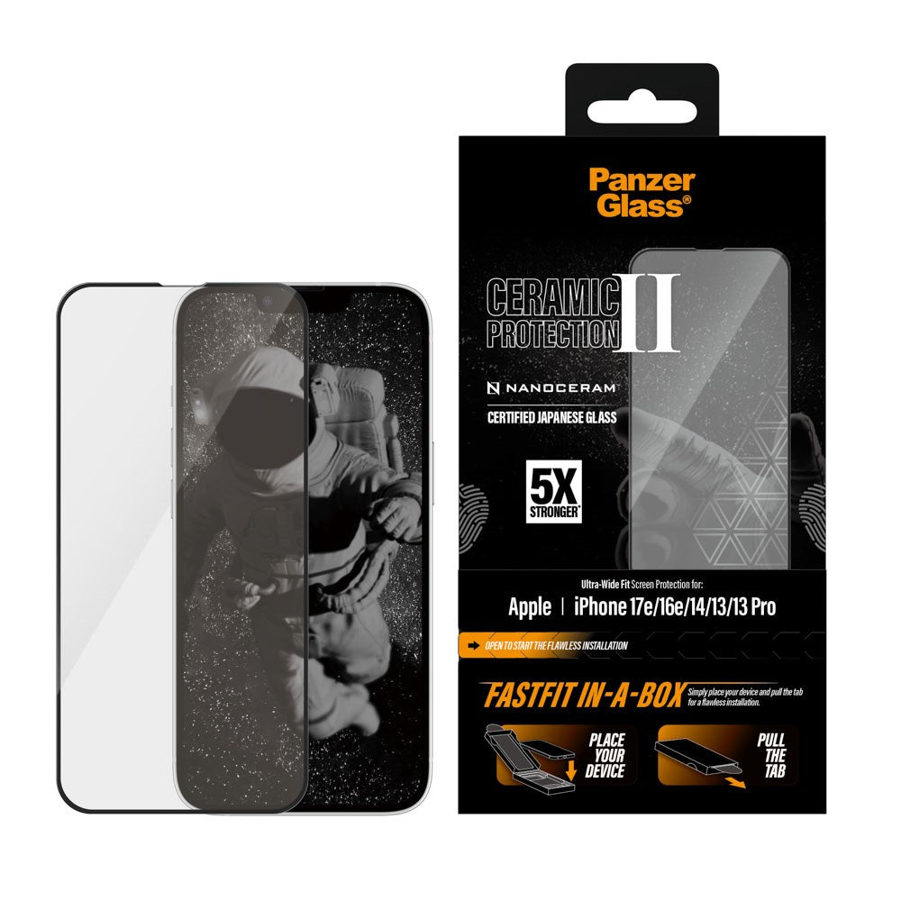 iPhone 17e / 16e / 14 / 13 / 13 Pro PanzerGlass Ceramic Ultra-Wide Fit Skjermbeskyttelsesglass – FastFit In-A-Box – Gjennomsiktig