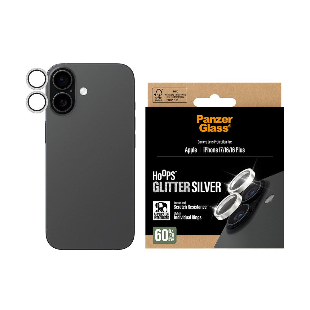 PanzerGlass iPhone 17 / 16 / 16 Plus Hoops Kameralinsebeskyttelse med Installasjonsramme - Glitter Sølv