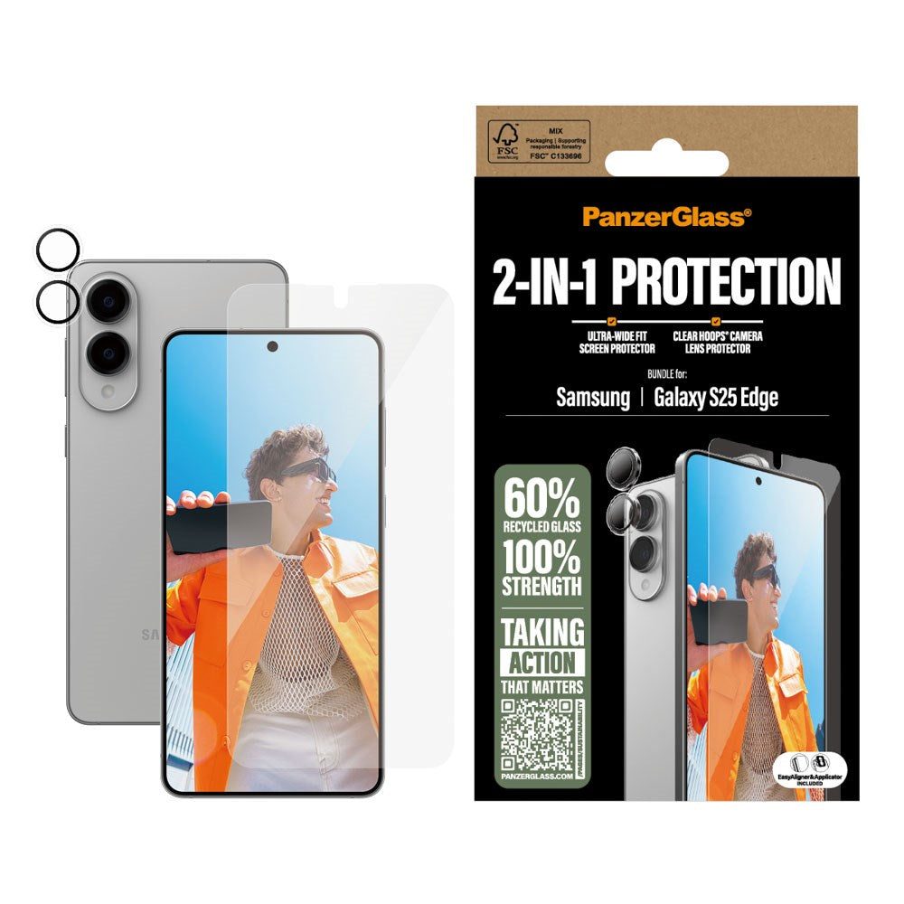 Samsung Galaxy S25 Edge PanzerGlass 2-i-1 Bundle m. EasyAligner - Skjermbeskyttelse (UWF) / Kamerabeskyttelse - Gjennomsiktig / Svart
