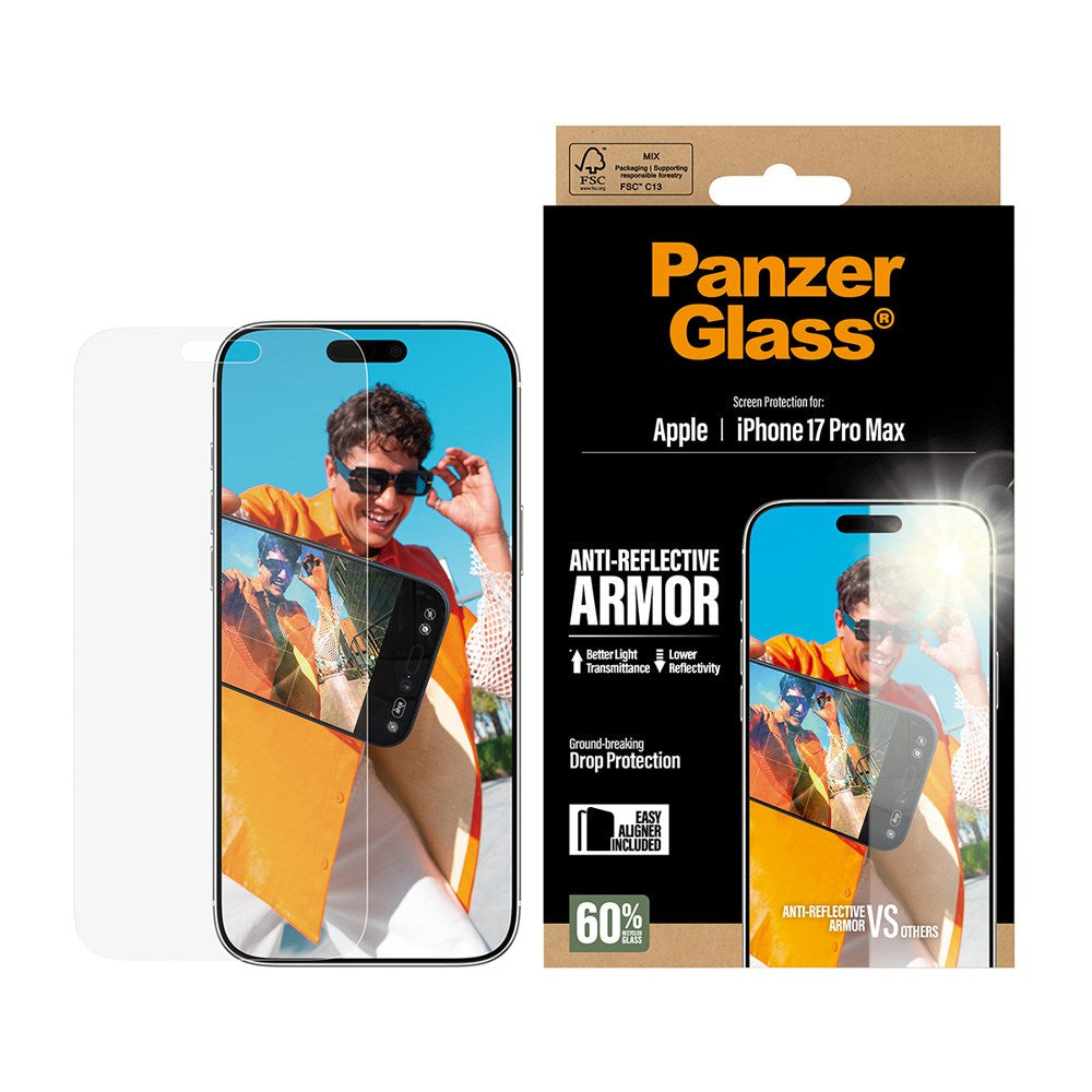 PanzerGlass iPhone 17 Pro Max Ultra Wide Fit Skjermbeskyttelse med EasyAligner - Anti-Reflective - Gjennomsiktig