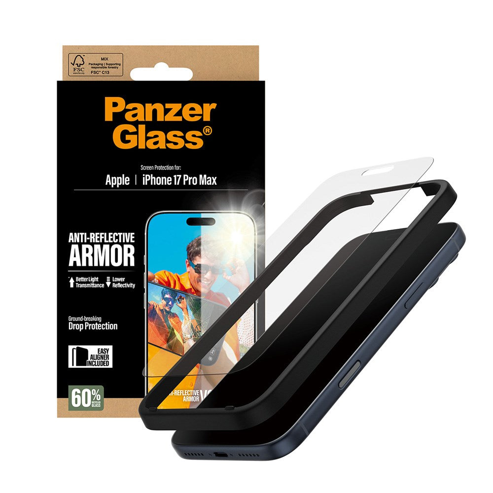 PanzerGlass iPhone 17 Pro Max Ultra Wide Fit Skjermbeskyttelse med EasyAligner - Anti-Reflective - Gjennomsiktig