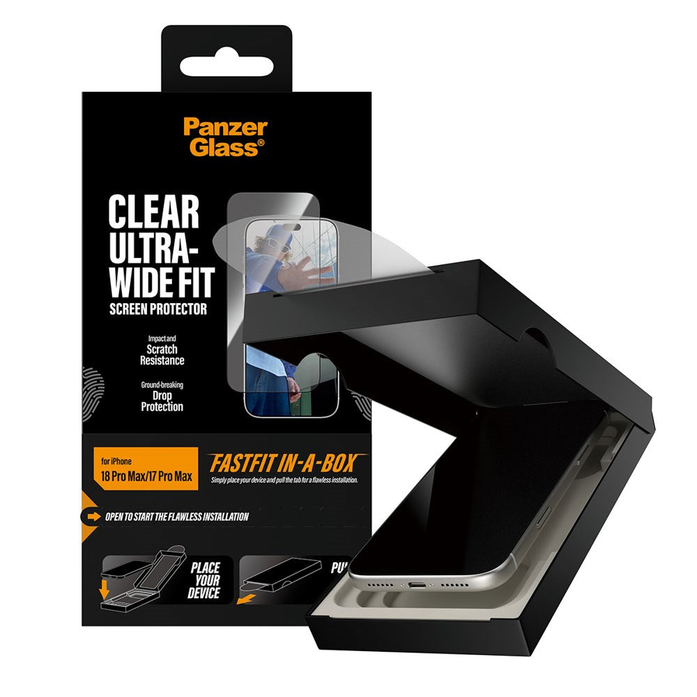 iPhone 18 Pro Max / 17 Pro Max PanzerGlass Skjermbeskyttelsesglass m. FastFit In-A-Box - Ultra Wide Fit - Gjennomsiktig