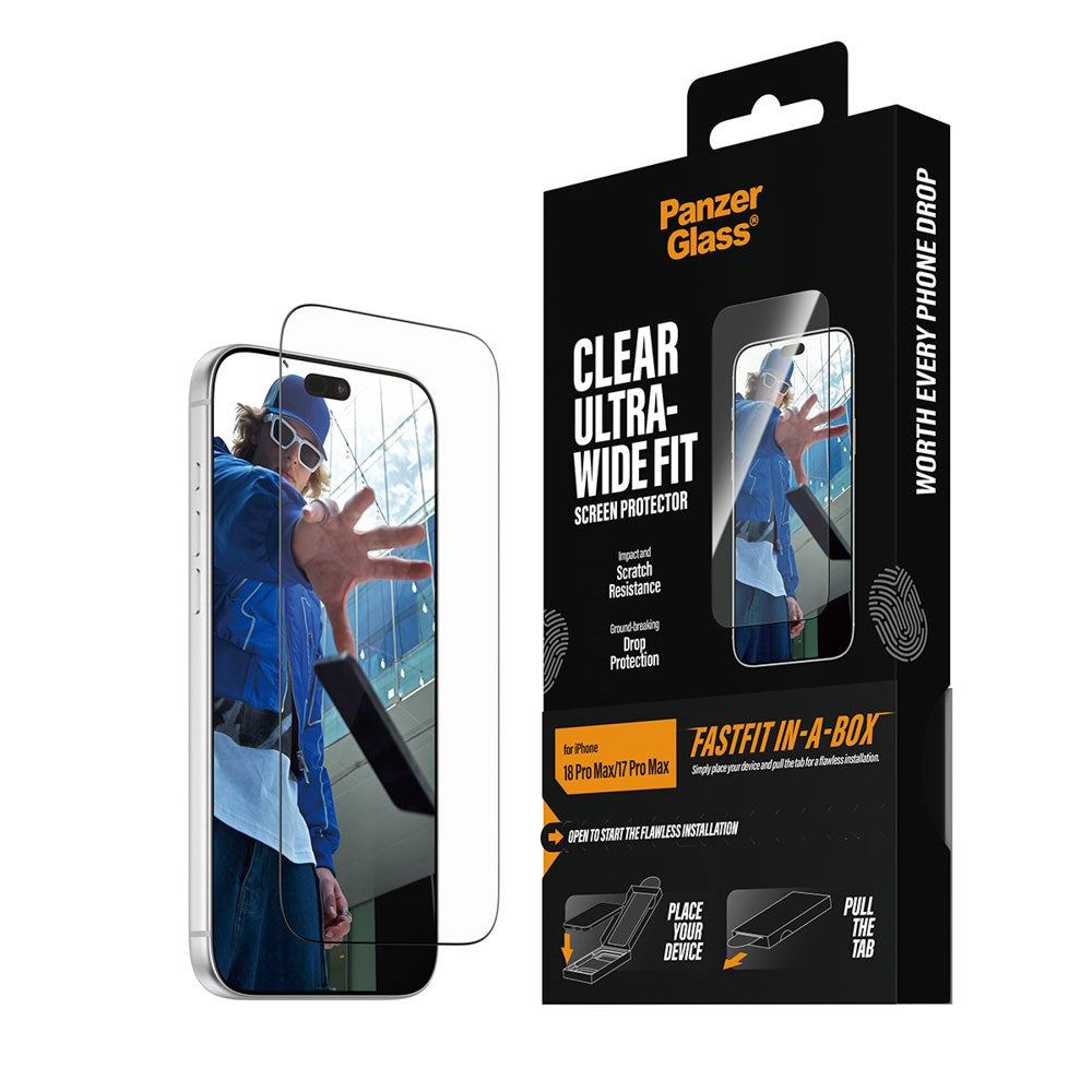 iPhone 18 Pro Max / 17 Pro Max PanzerGlass Skjermbeskyttelsesglass m. FastFit In-A-Box - Ultra Wide Fit - Gjennomsiktig