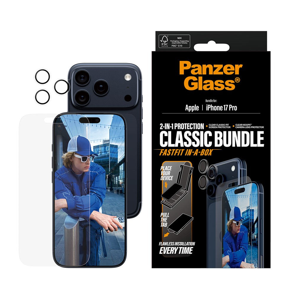 PanzerGlass iPhone 17 Pro 2-in-1 Classic Bundle - Skjermbeskytter + Kameralinsebeskytter - Gjennomsiktig