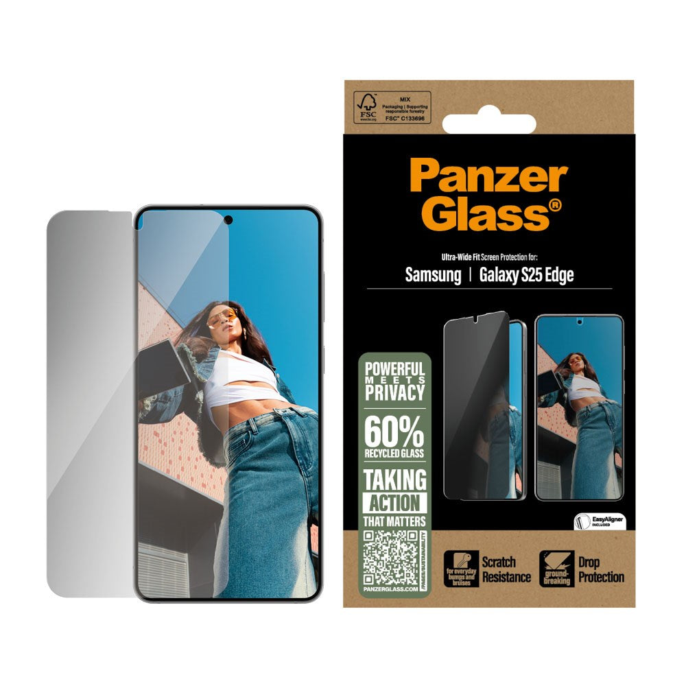 Samsung Galaxy S25 Edge PanzerGlass Ultra Wide Fit Skjermbeskyttelse m. EasyAligner - Privacy - Gjennomsiktig
